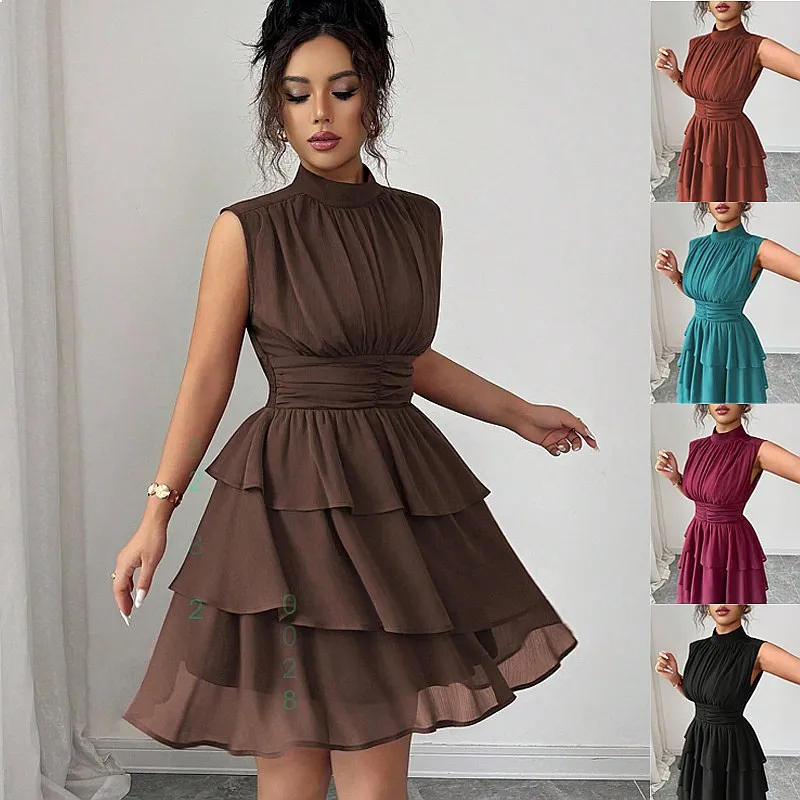 

Elegant High Neck Sleeveless Ruffled Waist Layered Chiffon Cake Dress Dresses Spring Summer