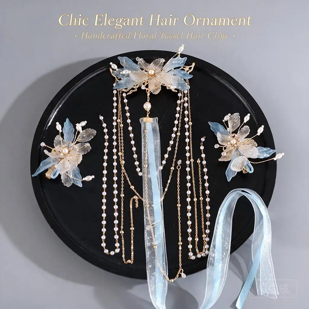 Chinese Hanfu Blue Flower Hair Clips Set Retro Style Pearl Tassel Ribbon Pins For Women Cheongsam Cosplay Party Hair Accessories
