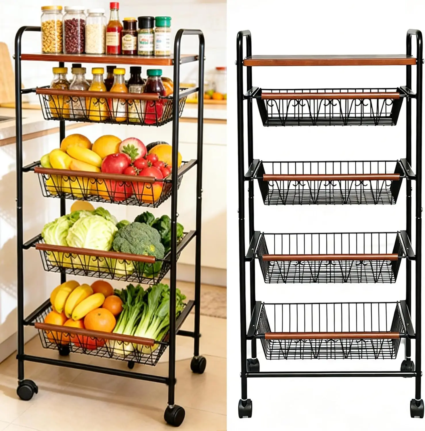 

Rolling Storage Cart with Brakes, 5-Tier Metal Utility Cart on Wheels, Heavy Duty Wire Fruit Vegetable Organizer with Ha