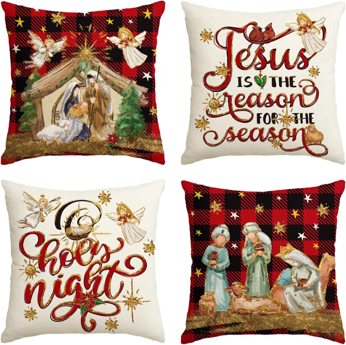 

4pcs Christmas Pillow Covers 18x18 - O Holy Night Jesus Cardinal Buffalo Plaid Winter Holiday Decor for Sofa Couch