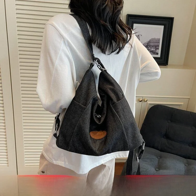 Casual Denim Dual-Shoulder Backpack Women's Tote Travel Bag Commuter Style Water Resistant Multi-Slot Design Canvas Strap