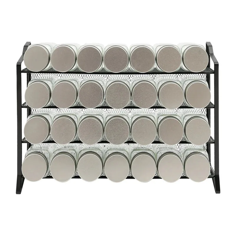 A four layer black mesh rack that can hold 28 spice bottles, suitable for the kitchen (single rack containing seasonings)
