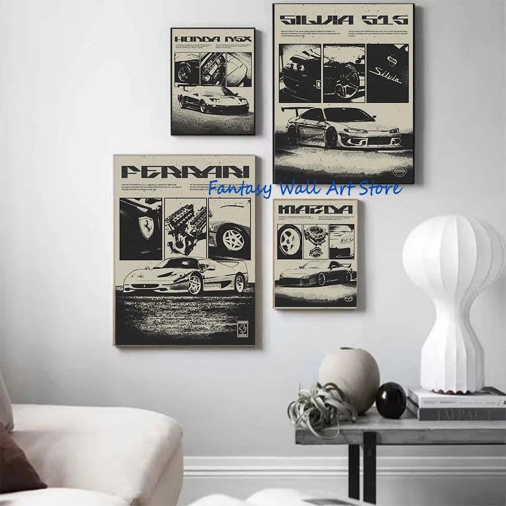 Grunge Cars Vintage Retro Style Car JDM Luxury Black and White Retro Poster Canvas Painting Wall Pictures Home Room Decoration