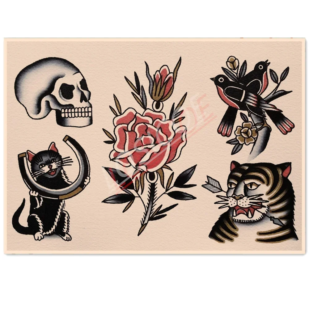 Skull\Rose\Cat\Tiger  Old School Tattoo Art Picture Wall Hanging Painting Vintage Kraft Posters and Prints Wall Decor Drawing