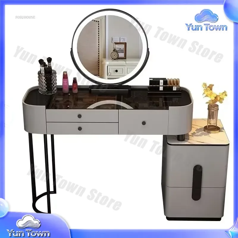 Solid Wood Slate Glass Dressing Table for Modern Bedroom Furniture LED Mirror Vanity with Storage Cabinet Integrated Dresser