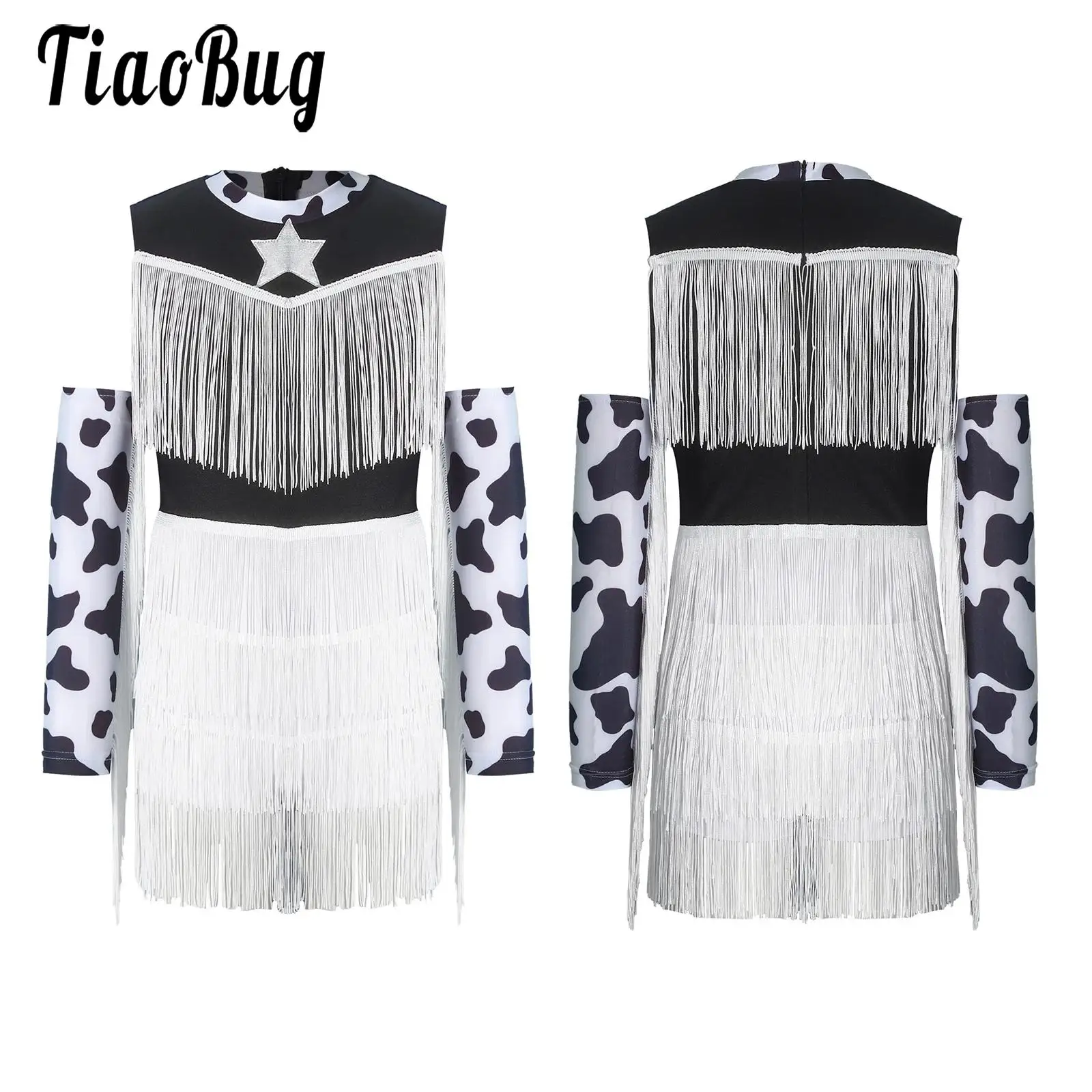 Kids Girls Halloween Cowgirl Costume Latin Dance Jumpsuits Outfit Printed Sleeveless Layered Tassel Leotards with Fringed Gloves