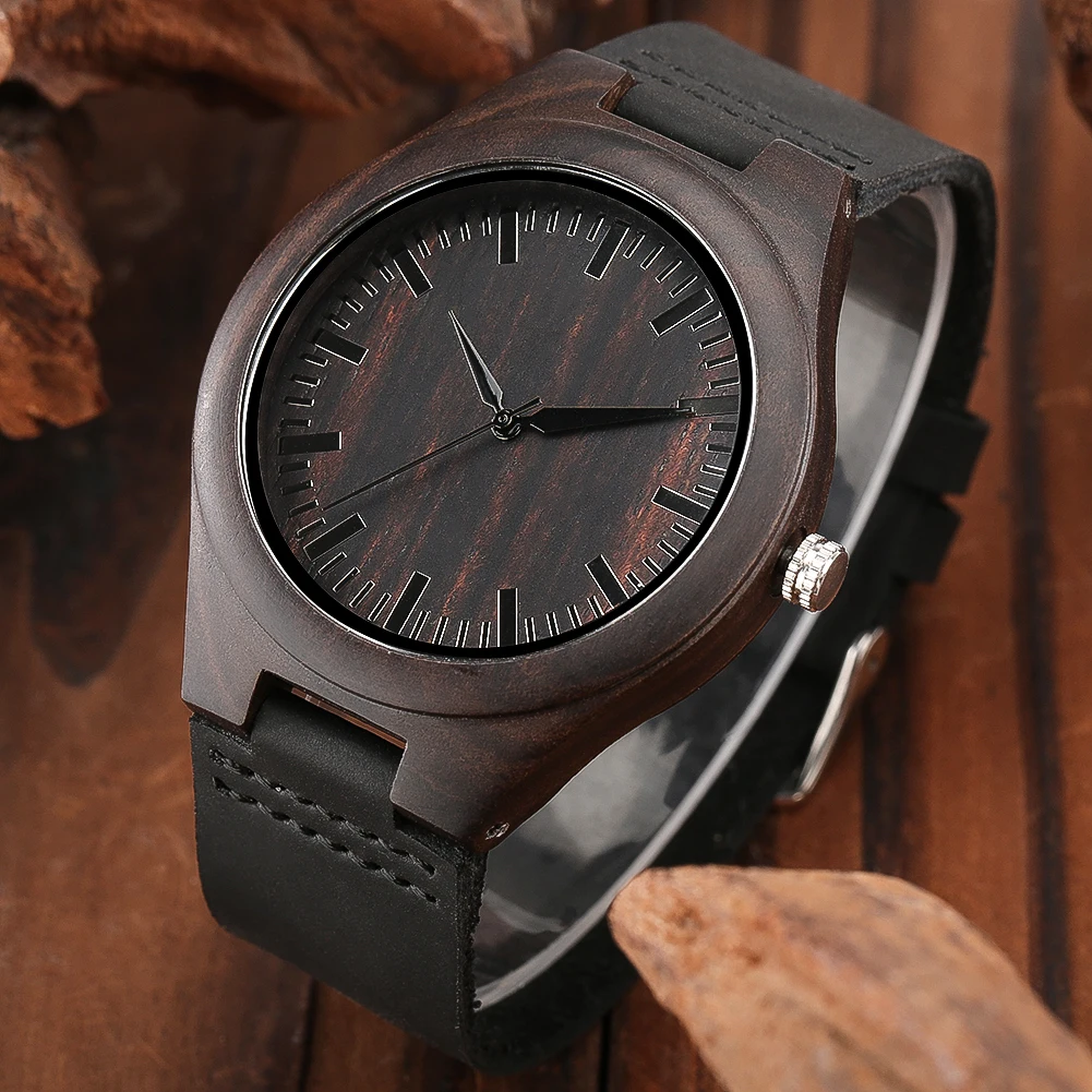 Classic Ebony Wood Quartz Men Watch Minimalist Scale Round Dial Black Genuine Leather Casual Men\'s Watches Fashion reloj