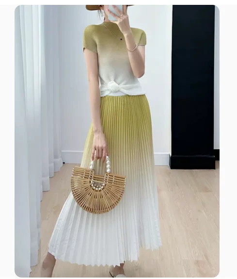 HOT SELLING Miyake fashion fold short sleeve stand collar Corn kernels Slim T-shirt+ pleated skirt Gradient suit IN STOCK