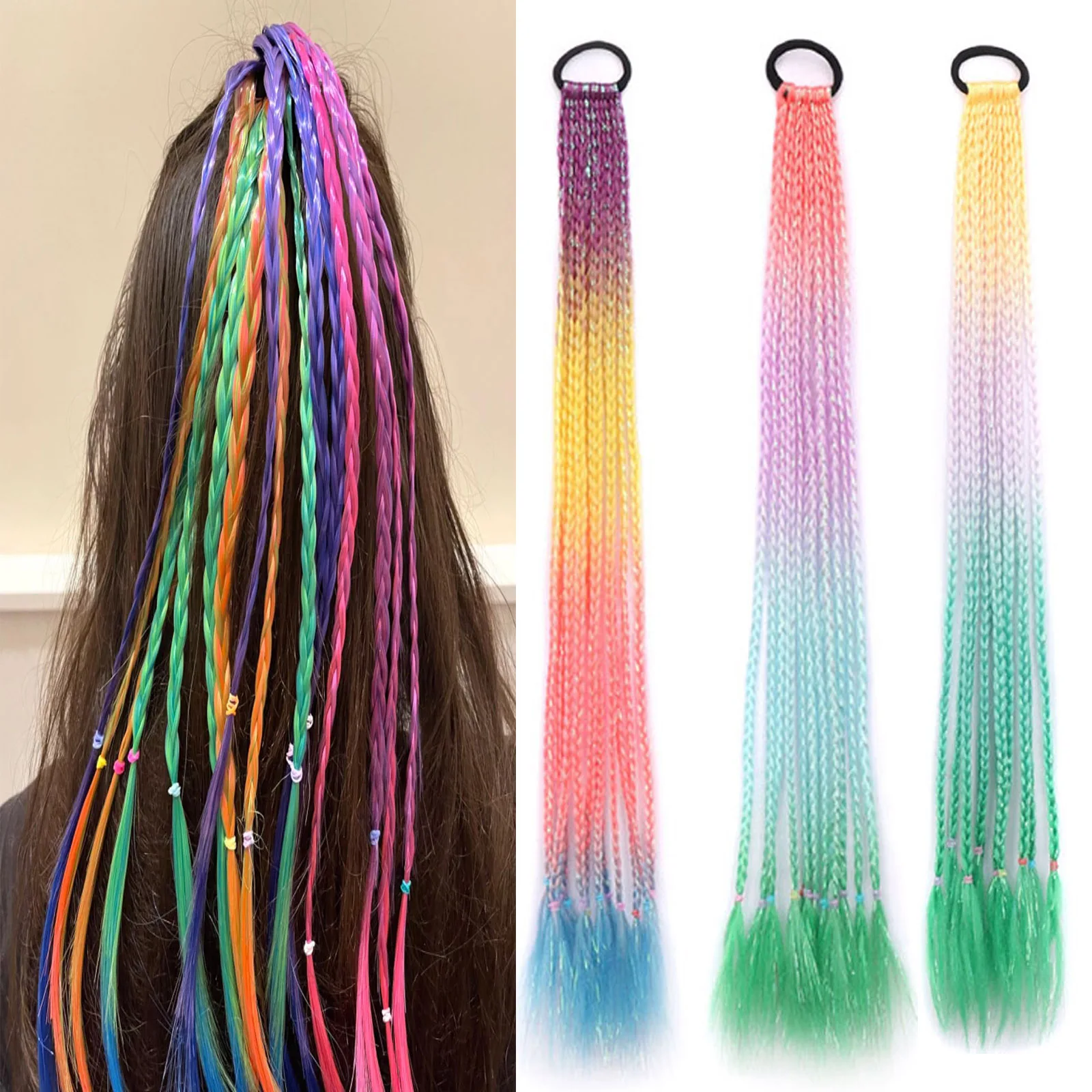 

Zolin Synthetic Hairpieces Ponytail 12Strands Colored Braids Hair with Rubber Bands Rainbow Braided for Girls Kids Women