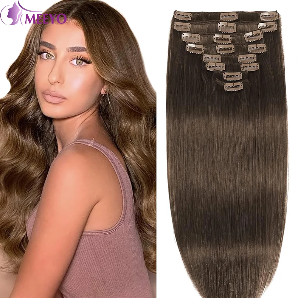 

Straight Chocolate Brown #4 Clip In Hair Extensions No Tangle Brazilian Hair Clip In Hair Extensions Human Hair Double Weft 8Pcs