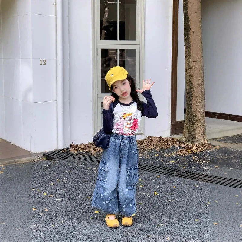 2025 Autumn New Children Clothing Girls Cartoon Fashionable Long Sleeved Base Shirt Polka Dot Denim Work Pants Two-piece Set