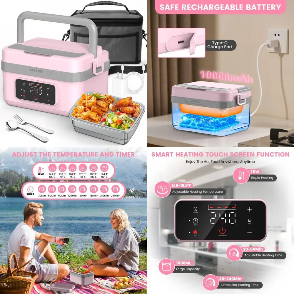 

Portable 75W Rechargeable Electric Lunch Warmer with 1.5L Stainless Steel Food Container for Adults