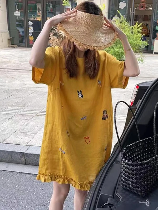 

Женское повседневное платье больших размеров (до 300 фунтов), желтое, с деревянными элементами, летнее, в корейском стиле, свободного кроя, дышащее, приятное к телу.