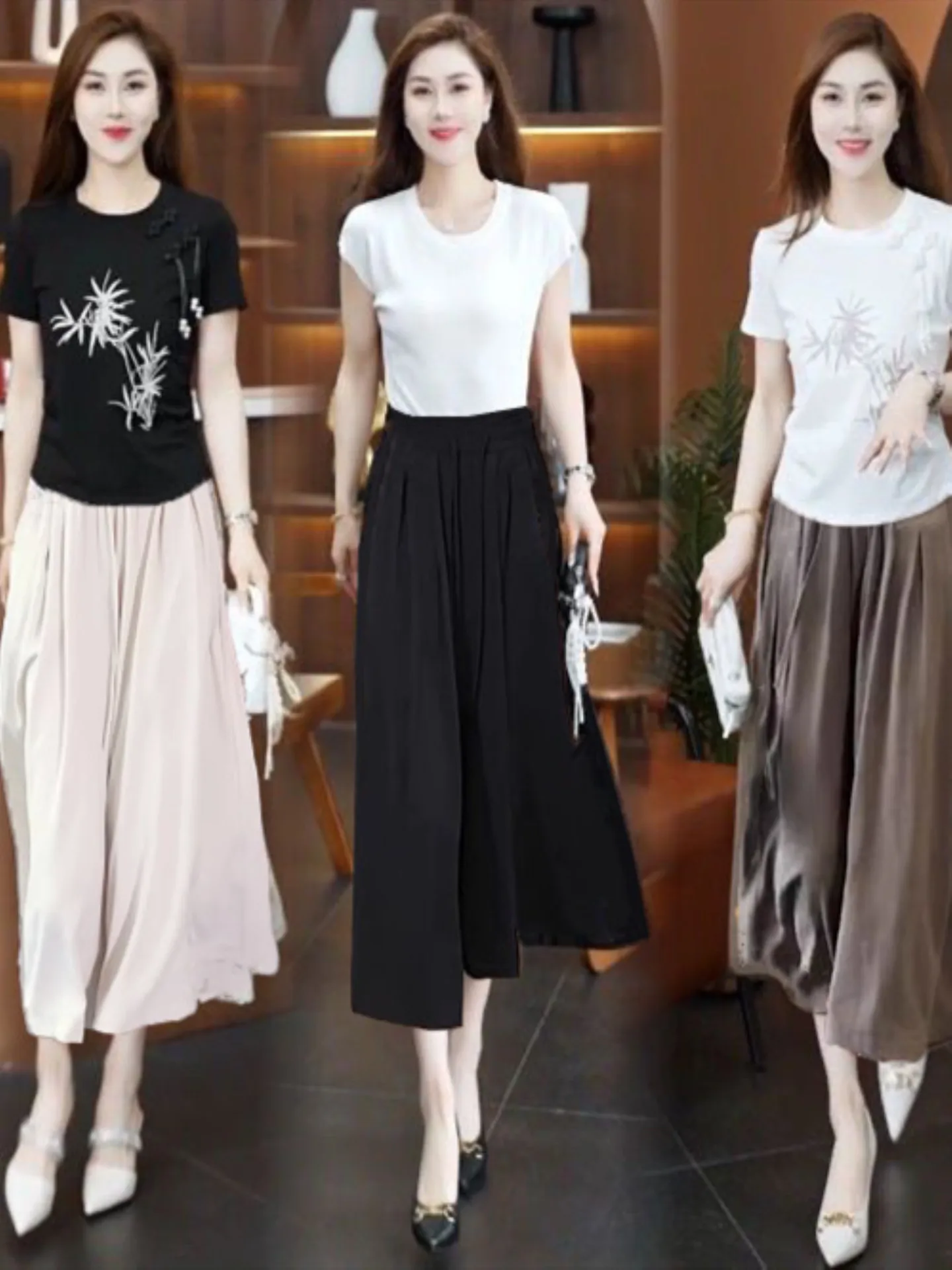 Spodnie damskie z wysokim stanem, szerokimi nogawkami, z jedwabiu lodowego, długość 7/8, letnie, luźne, chłodne, cienkie spodnie-spódnica, spodnie codzienne, oddychające, poliest...