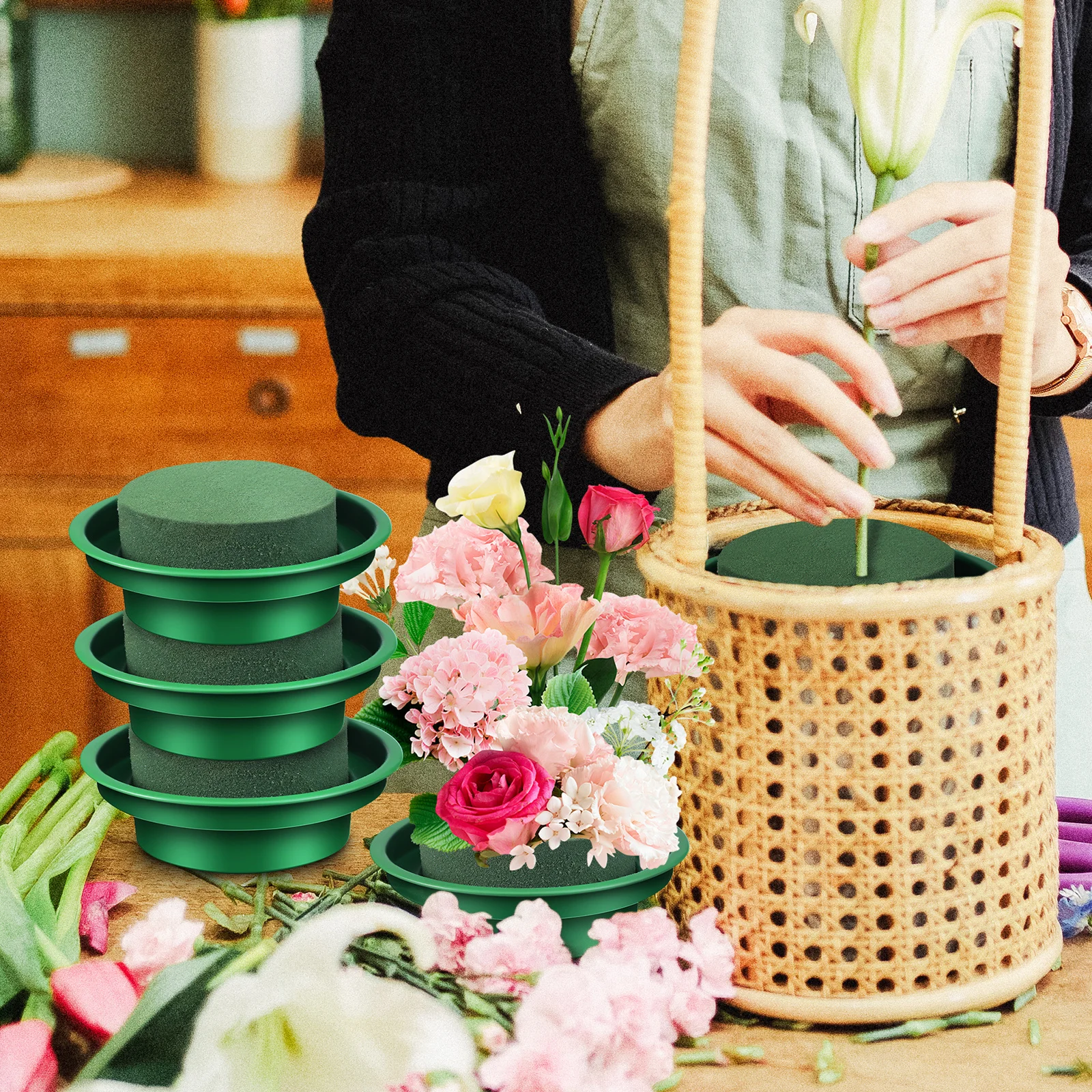 

6Pcs Floral Foam Round Flower Mud Floral Cage Blocks for Fresh Dried Artificial Flower Arrangements Wet Florist Foam Blocks