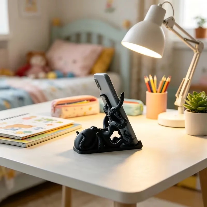 3D Printed Plastic Black Octopus Phone Stand Creative Sea Monster Tentacles Bracket Desktop Smartphone Support Office Decor