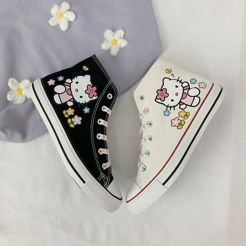 Hello Kitty Canvas Shoes Teenager Tennis Shoes Girls High-Top Basket Shoes Women Kitty Cat Casual Sneakers Sanrio Anime Shoes