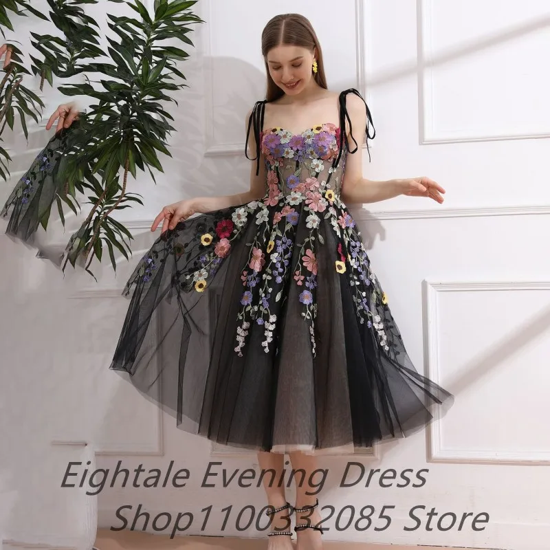 Eightale 2025 Short Black Prom Dress Colorful Applique Floral Corset Evening Dress Women Formal Party Gown Robes De Soirée