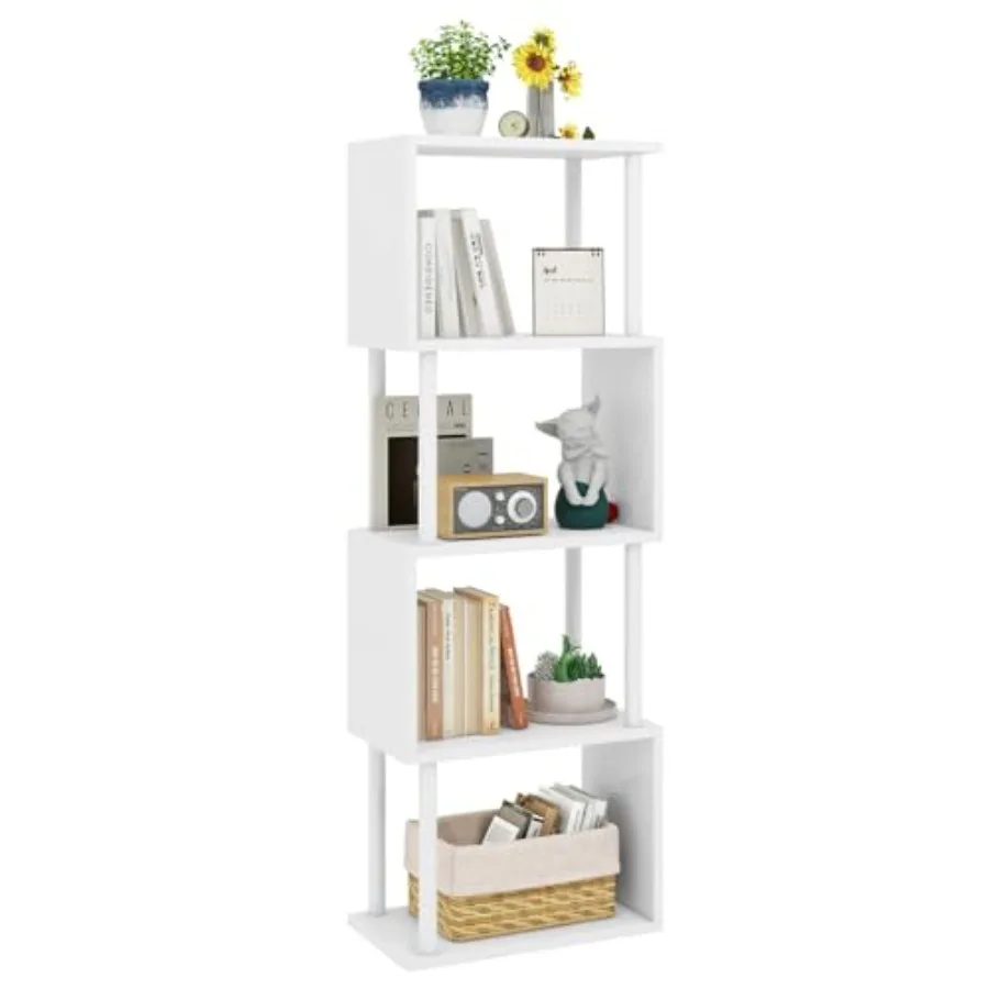 

5-ярусный высокий книжный шкаф S-образной формы, геометрический книжный стеллаж из дерева с полками для хранения, современный книжный шкаф для гостиной, спальни, дома