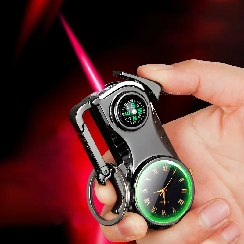 Outdoor Compass Keychain Inflatable Windproof Lighter Multi-function Watch Bottle Opener Red Flame Butane Lighters Survival Tool