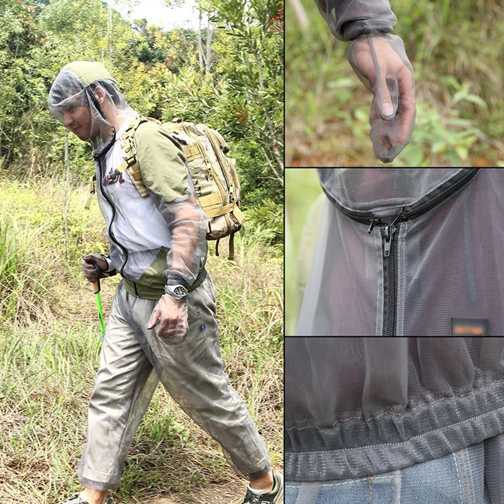 

Outdoor Mosquito Proof Suit High Density Mesh Hooded Fishing Hunting Camping Clothes Grey L Size Insect Protection Gift For