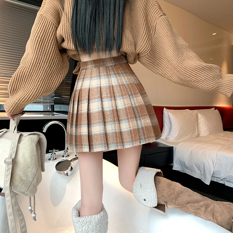 Preppy Style Winter Plaid Vintage Pleated Mini Wool Skirt For Women High Waist Thicken Casual School Cute Short Skirt Female