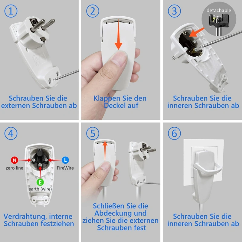 AB15-4 stuks Schuko schuine stekker, platte stekker 250V, stekker met inklapbaar handvat, beschermende contactstekker met schroevendraaier, EU-stekker
