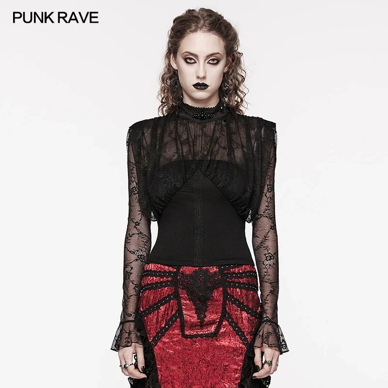 

PUNK RAVE Women's Gothic Lace Elastic Splicing Retro Shirt Daily Sexy Mystery Black Blouse Women Tops Shirts