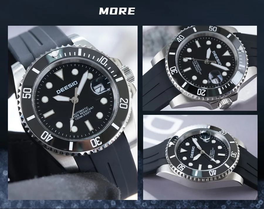 Deesio Luxury Men's Full Automatic Mechanical Watch, 316L Stainless Steel Case, Silicone Strap, Date Display, Luminous Hands, Upgrade 100M Waterproof, High-Mineral Glass, Sport Sweatproof, Self-Wind & Manual Wind, Black Classic Business Casual Design