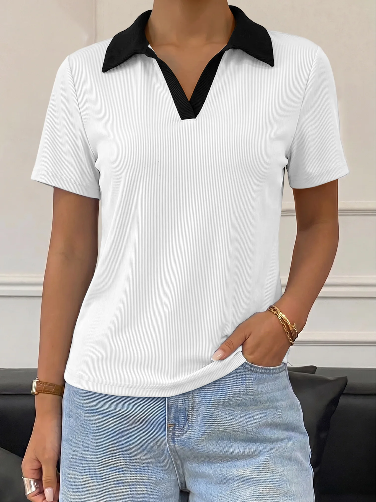 Versatile Ribbed Polo Base Top, Contrast Lapel Short‑Sleeve Shirt for Multi‑Season Layering Outfits
