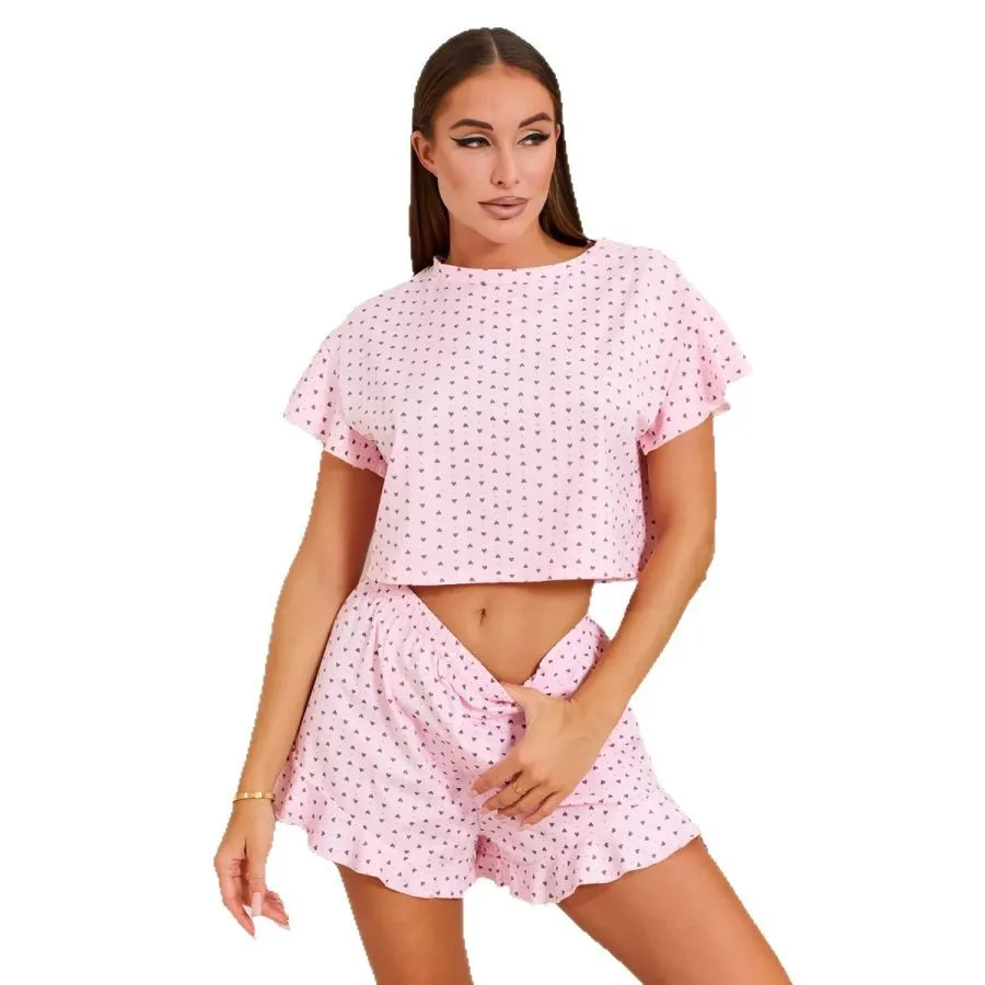 

Женский пижамный комплект Love Fashion с принтом и оборками, сексуальные шорты с короткими рукавами, удобная мягкая одежда для сна, домашняя одежда