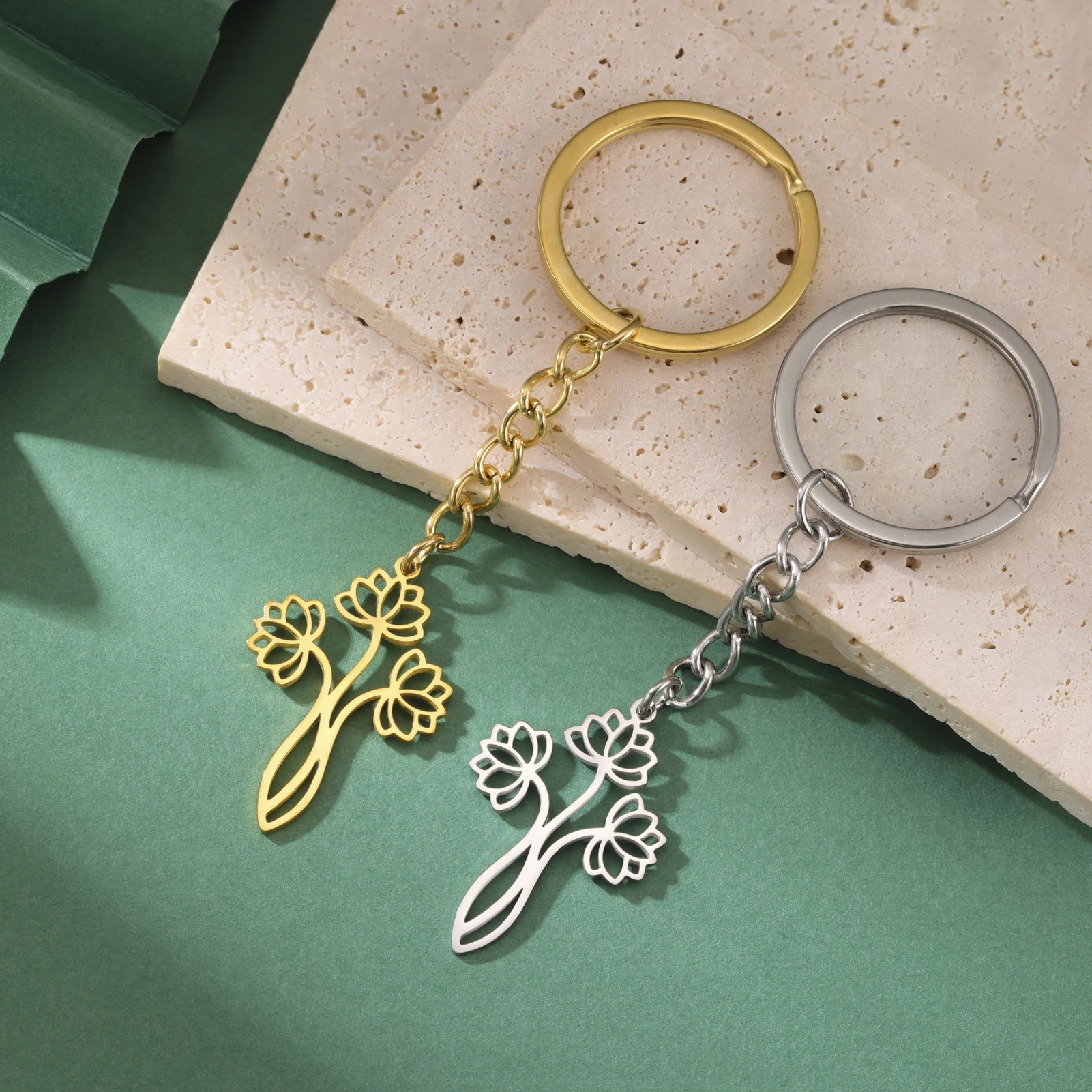 1pc Flower Lotus Pendant Keychain Stainless Steel Hot Fashion Buddhism Amulet Jewelry Women's Weddings Christmas Gifts