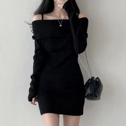 Off Shoulder Knitted Mini Dresses Long Sleeve Boat Neck Crochet Slim Fit Plain Mini Black Guest Dresses Fall Collection 2024