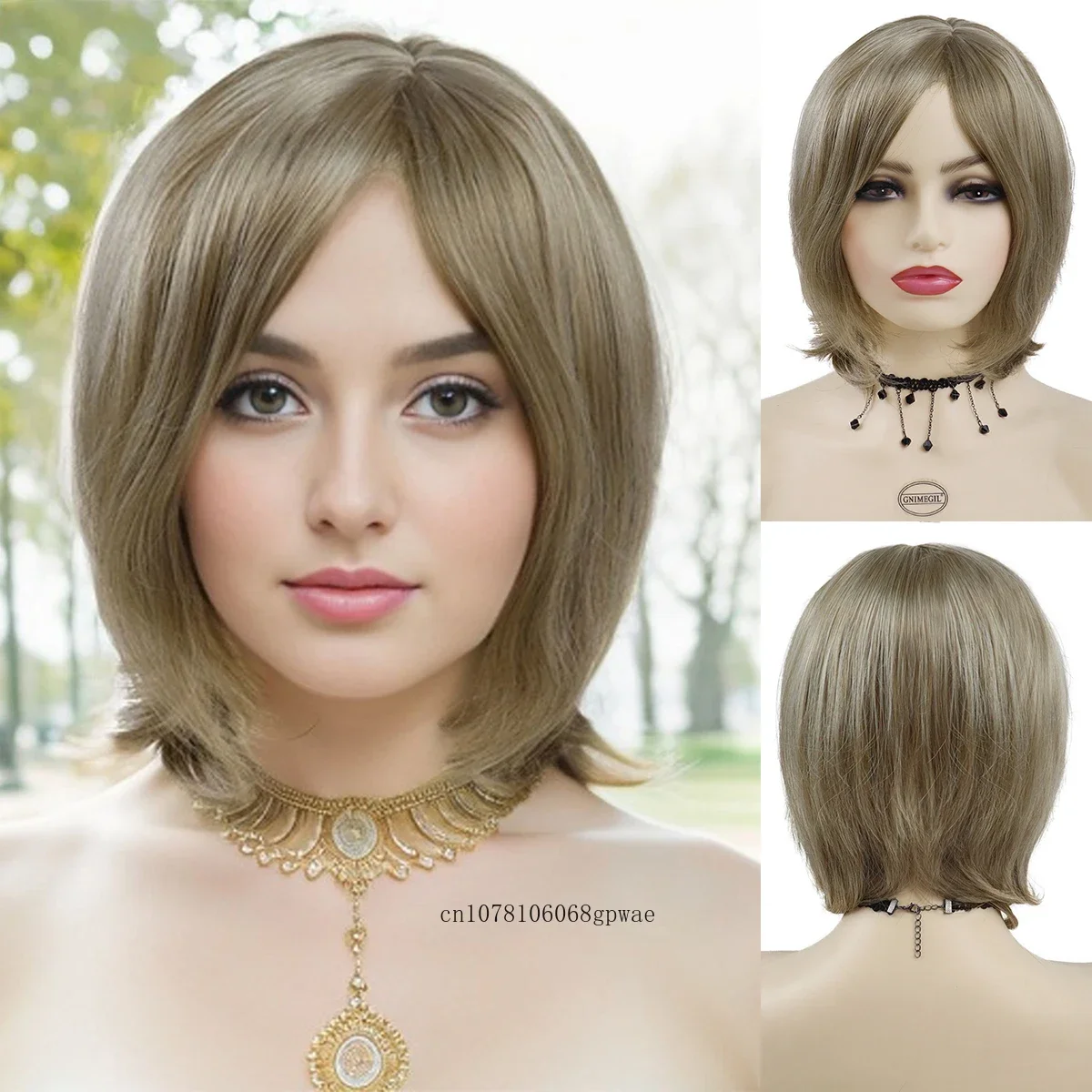 

Synthetic Hair Short Blonde Mix Brown Wig with Bangs Silky Straight Bob Wigs for Women Lady Female Daily Wear Heat Resistant