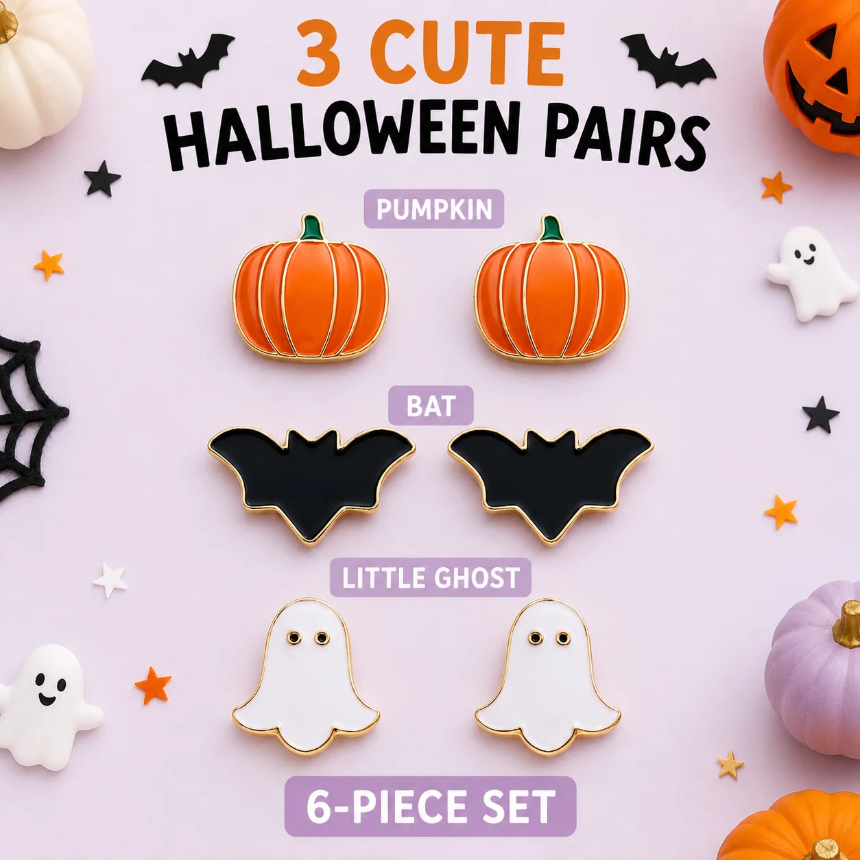 Halloween 3Pcs Stud Earrings Set, Bat Ghost Pumpkin Enamel Ear Studs, Cute Holiday Party Jewelry Gift for Women Girls