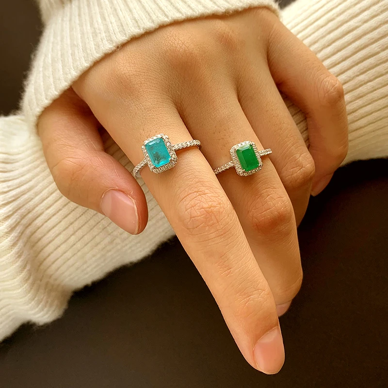 Fashionable and Authentic S925 Silver Emerald Sapphire Square Zircon Ring for Women Rectangular Versatile Gift Jewelry