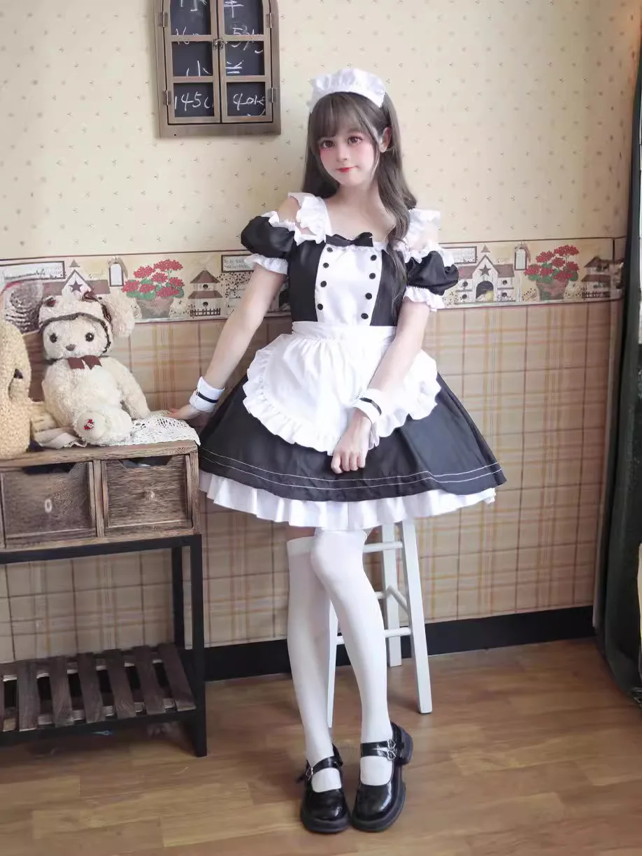 Vestido de sirvienta de Lolita para niñas, traje de Cosplay de gato sin hombros, color negro, tallas S a 5XL