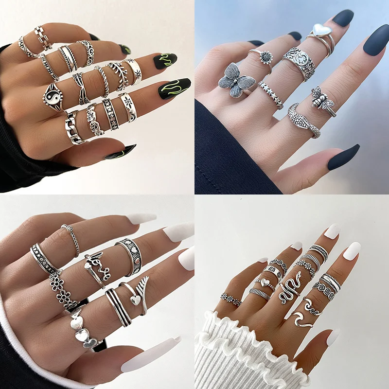 Retro Silver Color Geometric Knuckle Ring Set For Women Vintage Elephant Butterfly Heart Joint Ring Female Punk Jewelry