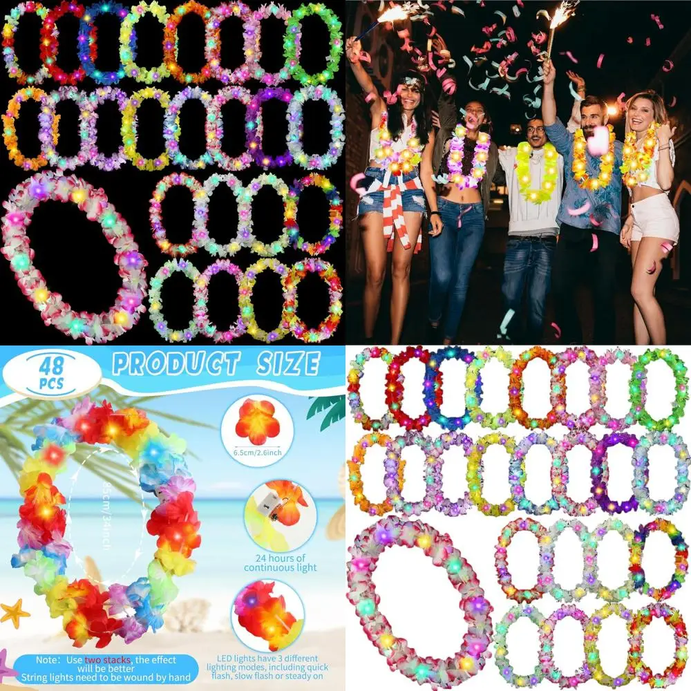 

Набор из 48 светодиодных гавайских леев для тропического луау, пляжной свадьбы или маскарадной вечеринки