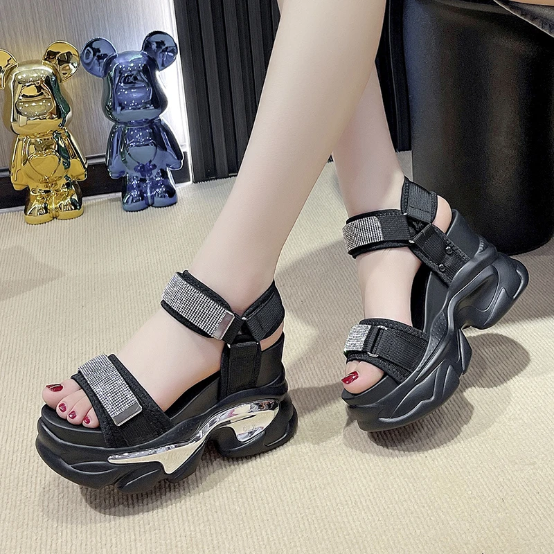 2024 Summer High Platform Women Sandals Buckle 10CM Wedges Bling Shoes Fashion Outside Chunky Sandals Beach Casual Slides Woman