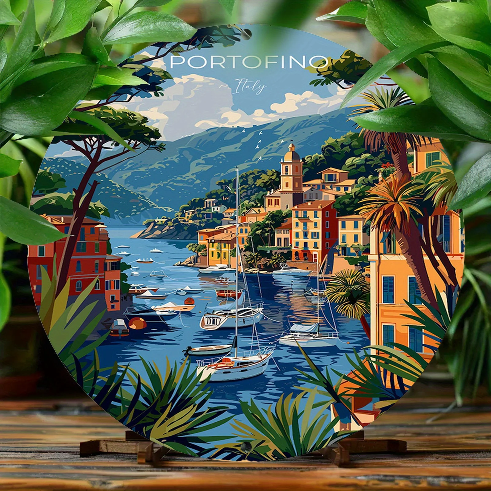 1pc Portofino Italy Round Metal Wall Art - Vintage-Inspired Aluminum Circular Sign with HD Printing - Pre-Drilled, Waterproof an