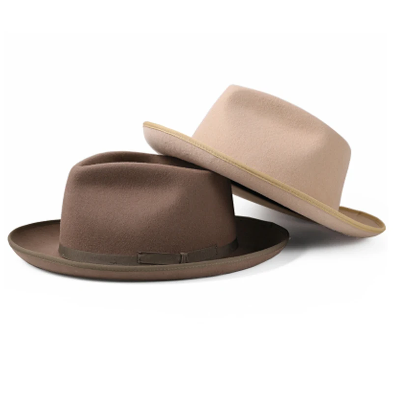 100% Wool American News Fedora For Men Women Unisex Curling Up Brim Crushable Felt Outback Hat With Brown Camel Color