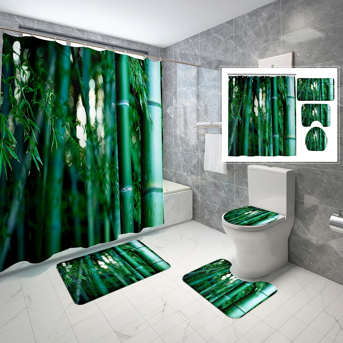 4 PCS Green Bamboo Forest Shower Curtain Set,Jungle Vision Bathroom Waterproof Bath Curtain,Non-Slip Bath Mat Toilet Cover Set