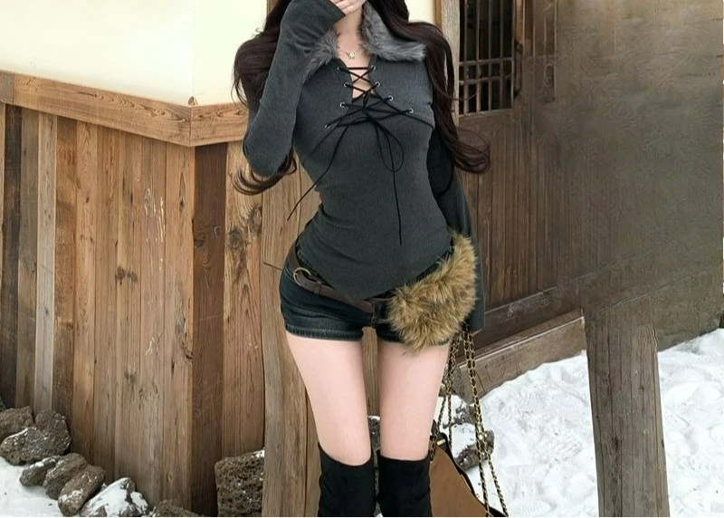

Autumn Winter New Lace-Up Hollow Long Sleeve Top with Vintage Design Furry Collar Irregular Slim Fit Base Shirt