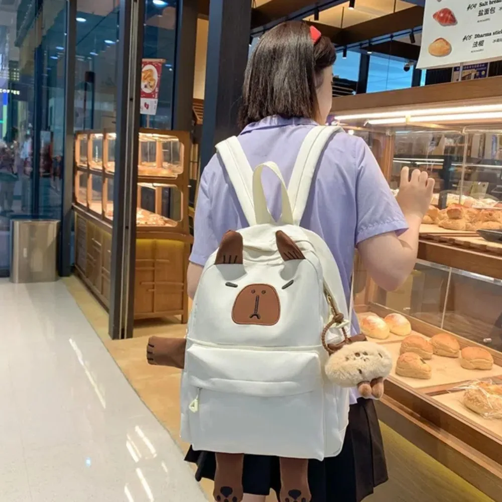 

Plush Doll Keychain Capybara Backpack Nylon Wide Straps Cartoon Animal Daypack Lightweight Multi Functional