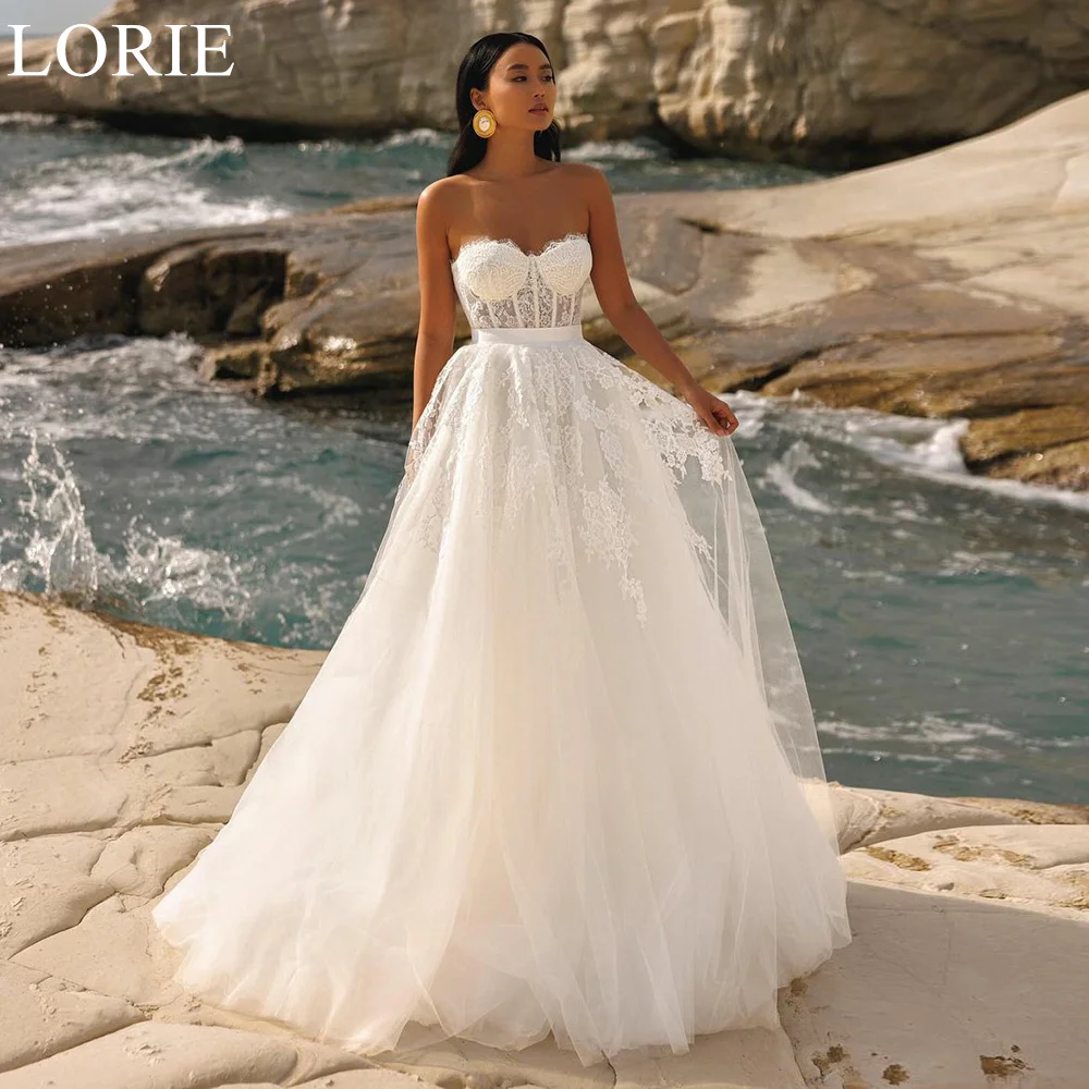 

LORIE Elegant Sweetheart A-Line Tulle Wedding Dresses BOHO Lace Appliques Princess Backless 2024 Strapless Beach Bride Gowns