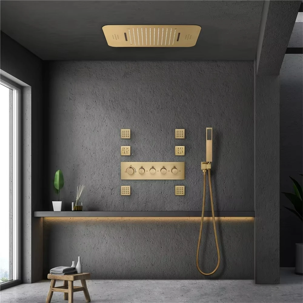 Ceiling Embedded 580*380mm Led Shower Head with Music Speaker Brushed Gold Shower Faucet Set