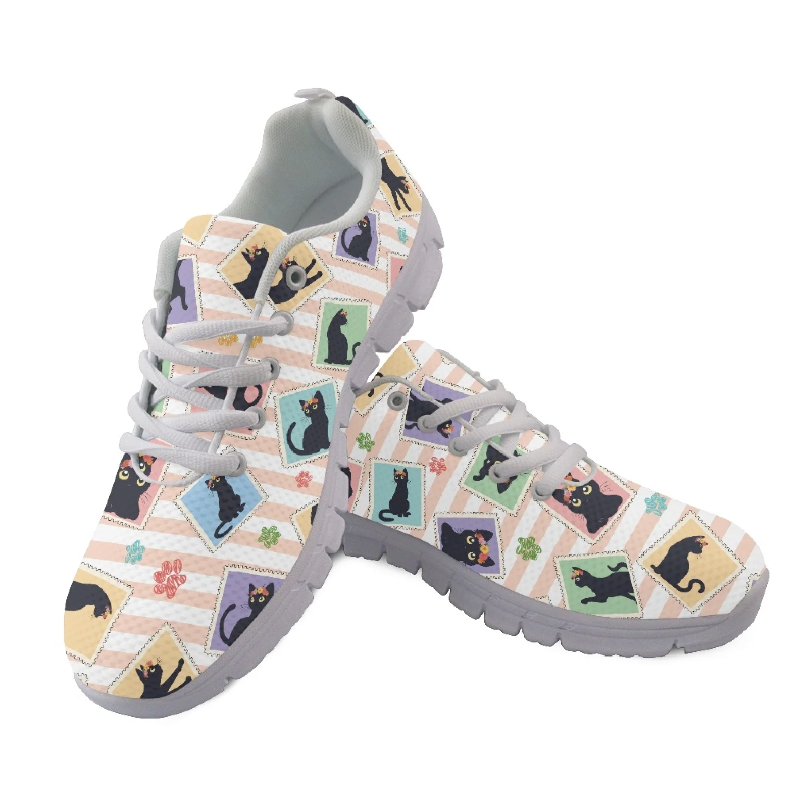Coloranimal Cat Floral Print Athletic Work Shoes with Mesh & EVA Sole, Lace up Trainers for Gym Walking and Daily Jogging
