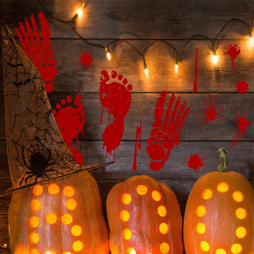 

6Pcs Blood Hand Pattern Stickers Halloween Wall Decals Horrible Red Footprint Dripping Blood Wall Pastes Party Supplies