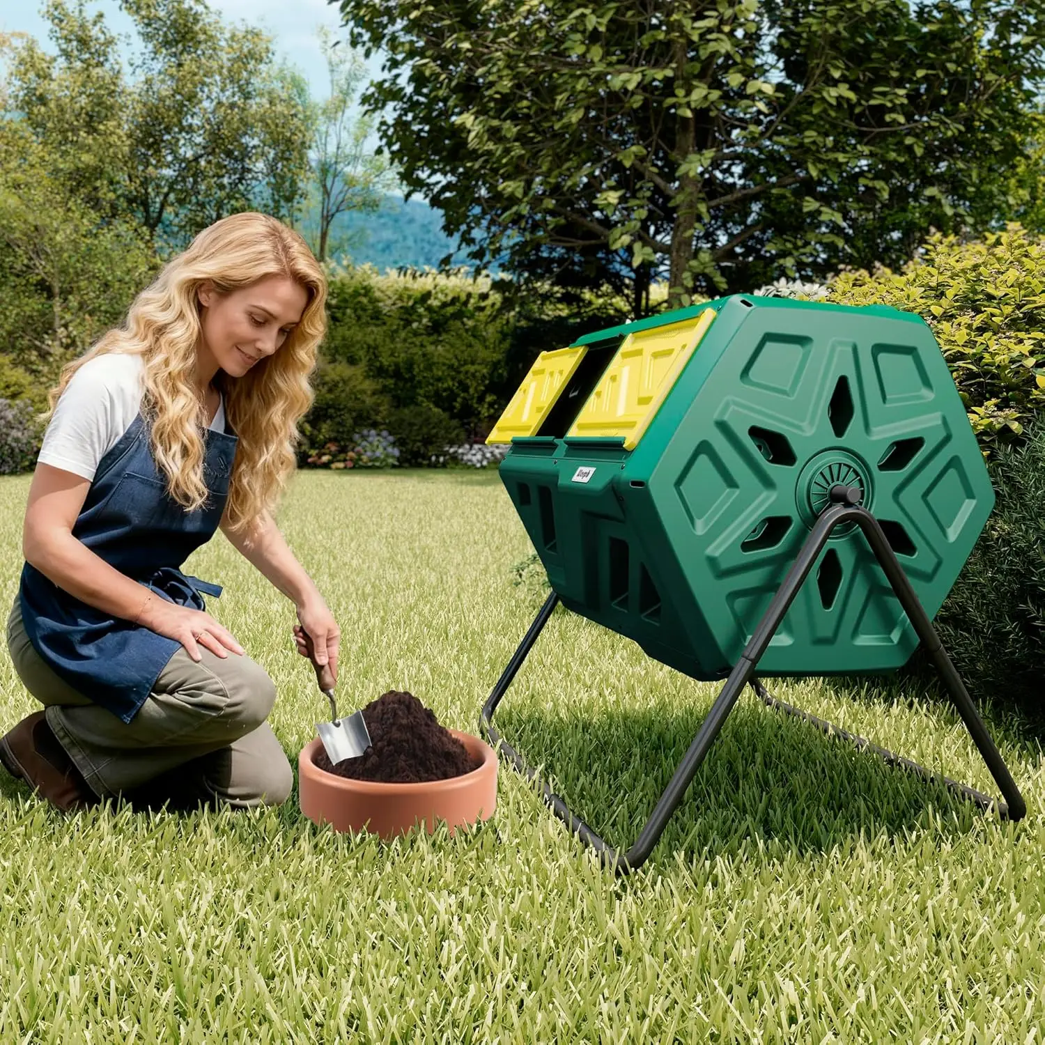 سلة سماد سعة 43 جالون مع قفازات، تجميع سريع وسهل الإعداد في الهواء الطلق، غرفة مزدوجة لساحة المطبخ والحديقة باللون الأخضر النفايات #2